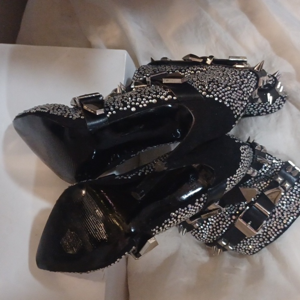 Super Sexy Crystal Spikes Multi Belted Black Stiletto Ankle Boots PUNK sz.35/5 - Picture 5 of 8